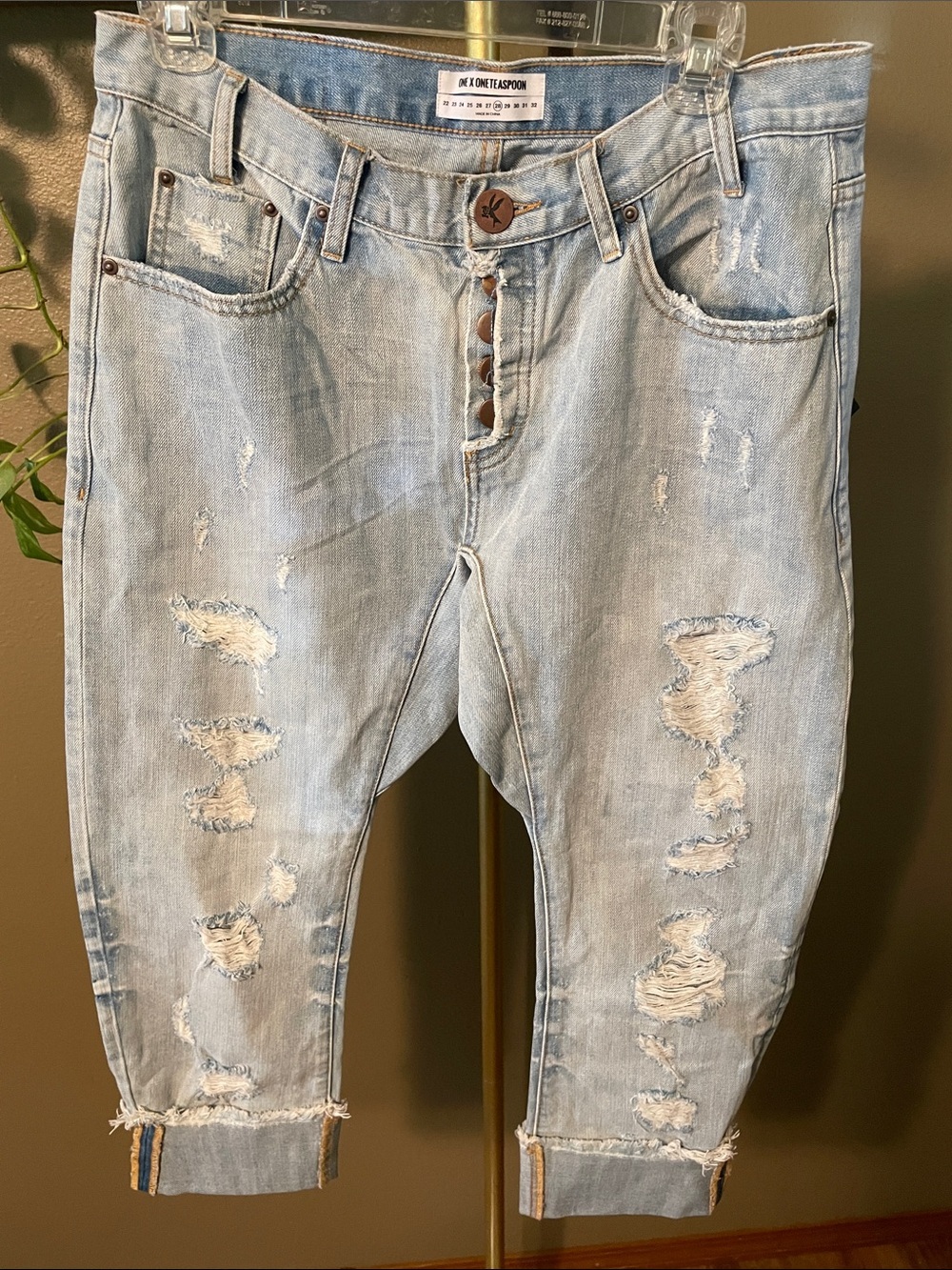 NWT One Teaspoon Blue Distressed Boyfriend low waist bagged leg denim